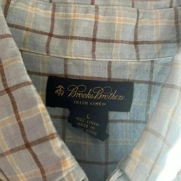 [L]Brooks Brother Irish Linen Brown Yellow  Plaid Men Button Casual Dress Shirt - Picture 4 of 7